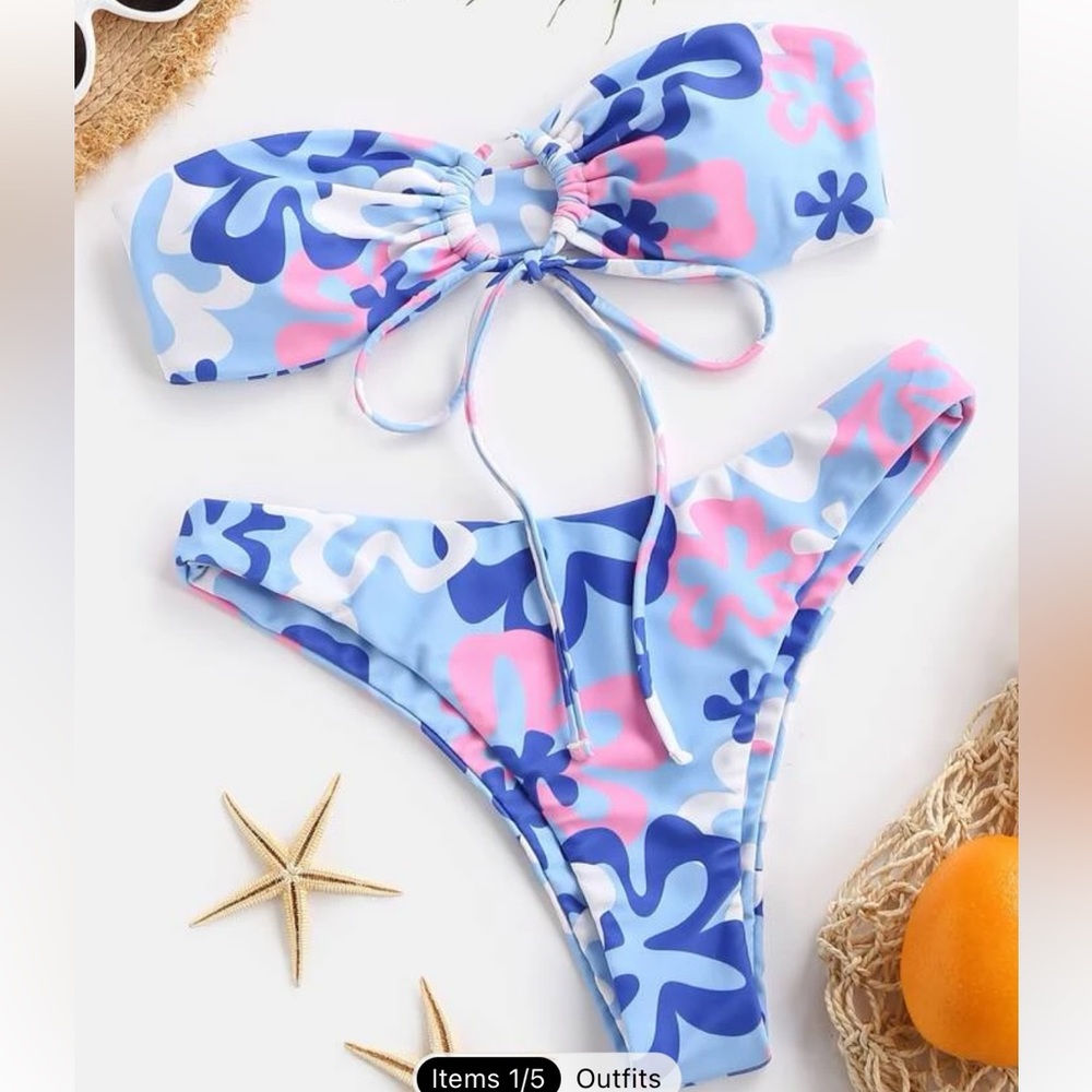 Shien Floral Print Tie Front Bandeau Bra & High Cut Bottom 2 Piece Bathing Suit